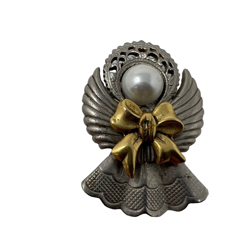 Jac Win Design Angel Brooch Silver Gold Tone with Faux Pearl‎ Accent Pin